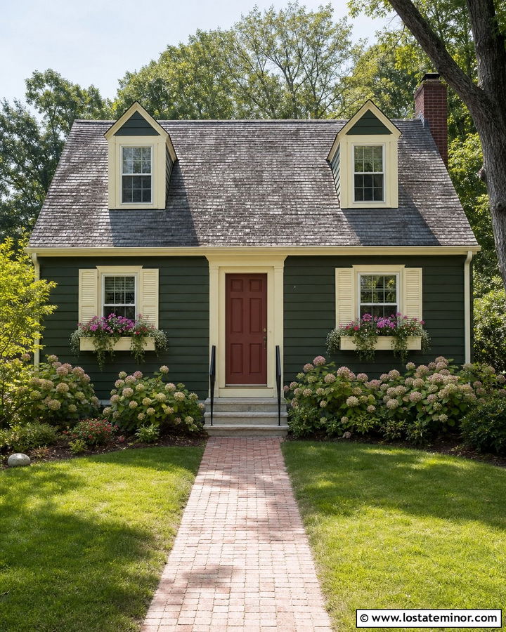 Hunter Green Cape Cod With Cream Window Boxes - 30 Hunter Green House Design With Window Boxes Ideas