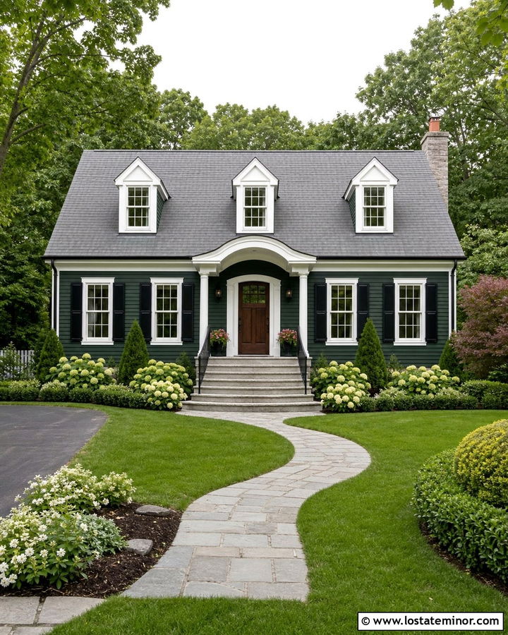 Hunter Green Cape Cod With Curved Stone Steps - 30 Hunter Green House Design With Steps Ideas