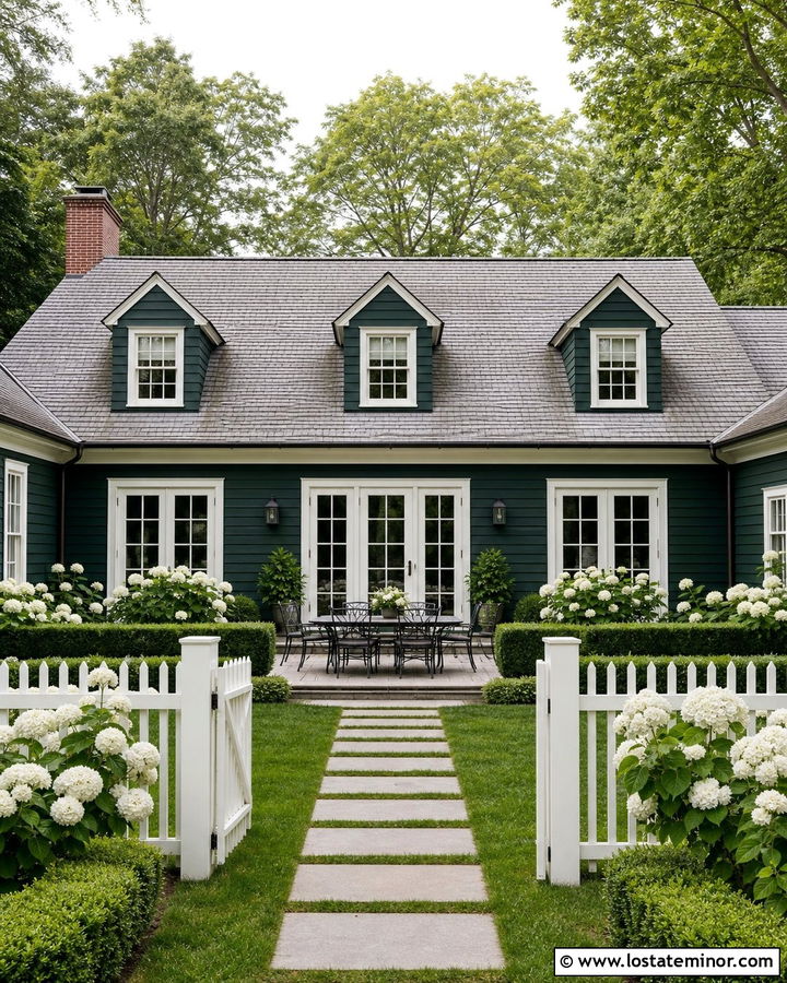 Hunter Green Cape Cod With Hydrangea Garden - 30 Hunter Green House Design With Backyard Ideas