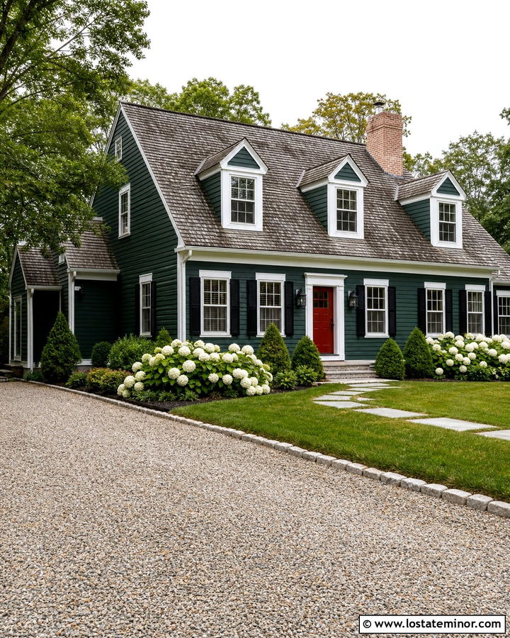 Hunter Green Cape Cod With Pea Gravel Driveway - 30 Hunter Green House Design With Driveway Ideas