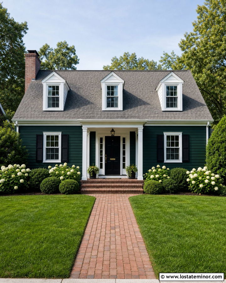 Hunter Green Cape Cod With Slim White Columns - 30 Hunter Green House Design With Porch Columns Ideas