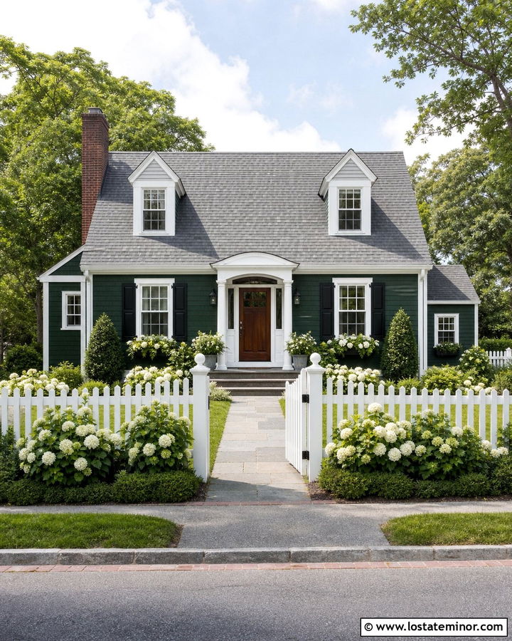 Hunter Green Cape Cod With White Fence Landscaping - 30 Hunter Green House Design With Landscaping Ideas