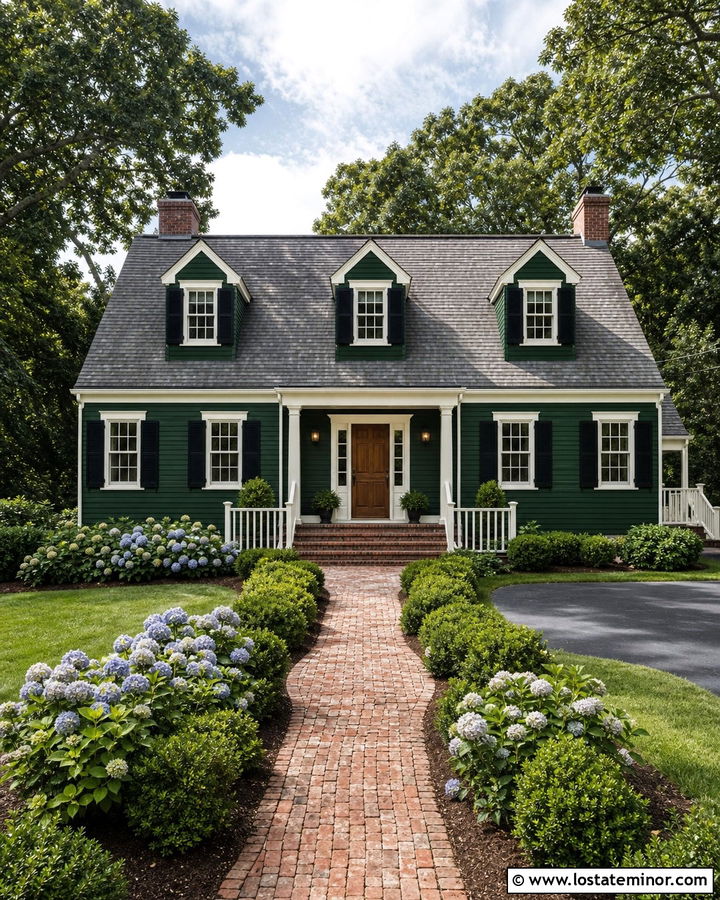 Hunter Green Cape Cod With White Railings - 30 Hunter Green House Design With Railings Ideas