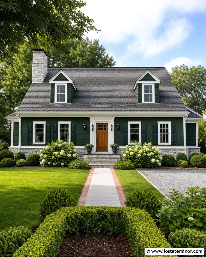 Hunter Green Cape Cod With Whitewashed Stone - 30 Hunter Green House Design With Stone Accents Ideas