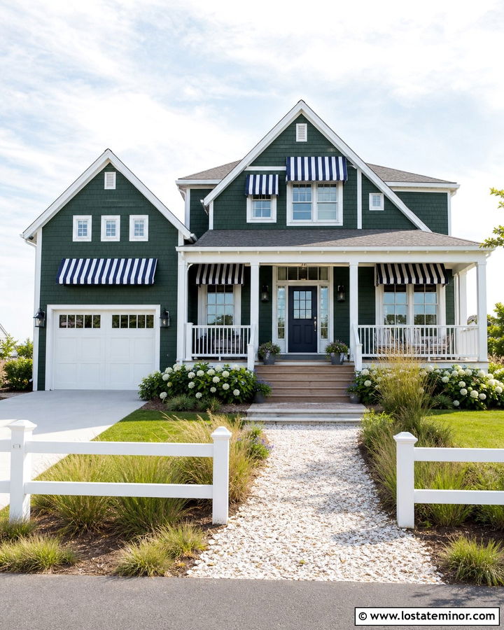 Hunter Green Coastal House With Blue Striped Awning - 30 Hunter Green House Design With Awning Ideas