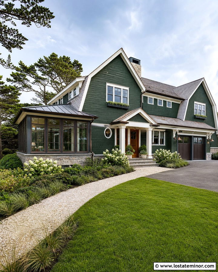 Hunter Green Coastal House With Bronze Sunroom - 30 Hunter Green House Design With Sunroom Ideas