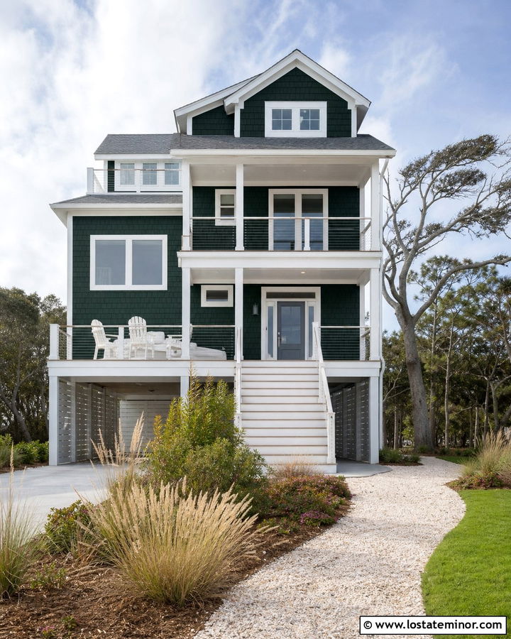 Hunter Green Coastal House With Cable Railings - 30 Hunter Green House Design With Railings Ideas