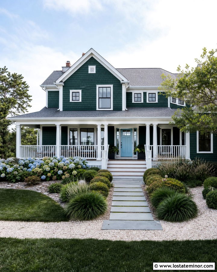 Hunter Green Coastal House With Light Gray Shingles - 30 Hunter Green House Design With Shingles Ideas