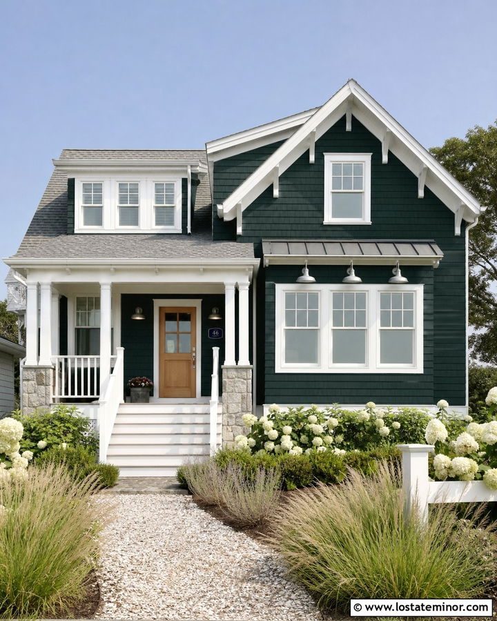 Hunter Green Coastal House With Navy Number Plaque - 30 Hunter Green House Design With House Numbers Ideas
