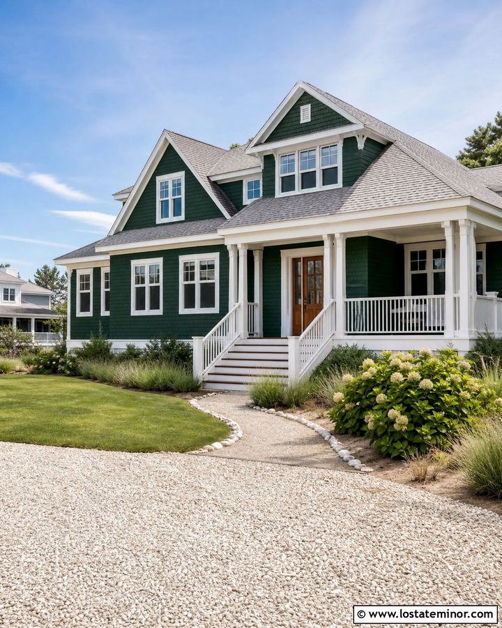 Hunter Green Coastal House With Shell Driveway - 30 Hunter Green House Design With Driveway Ideas