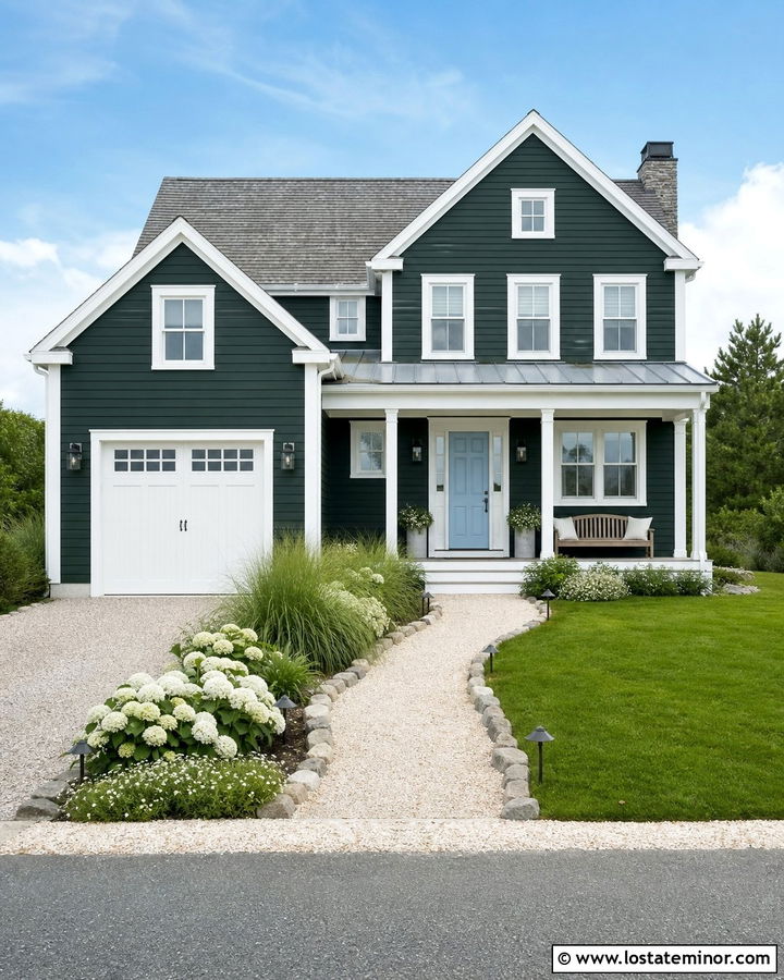 Hunter Green Coastal House With Shell Gravel Walkway - 30 Hunter Green House Design With Walkway Ideas