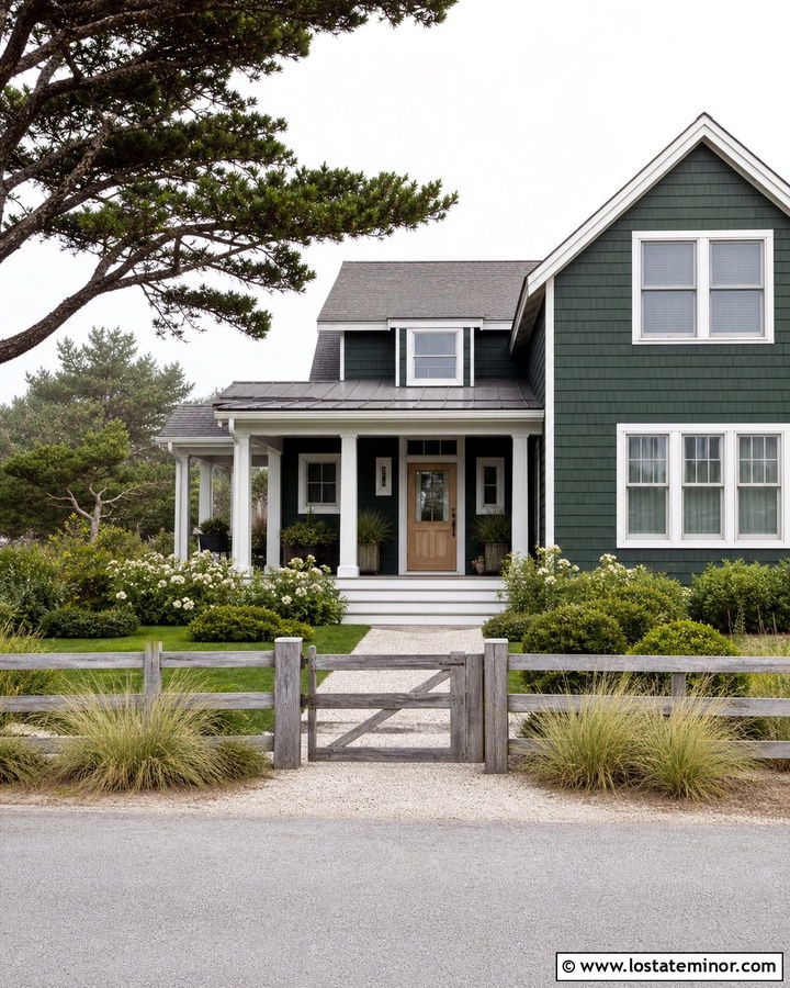 Hunter Green Coastal House With Weathered Gray Fence - 30 Hunter Green House Design With Fence Ideas