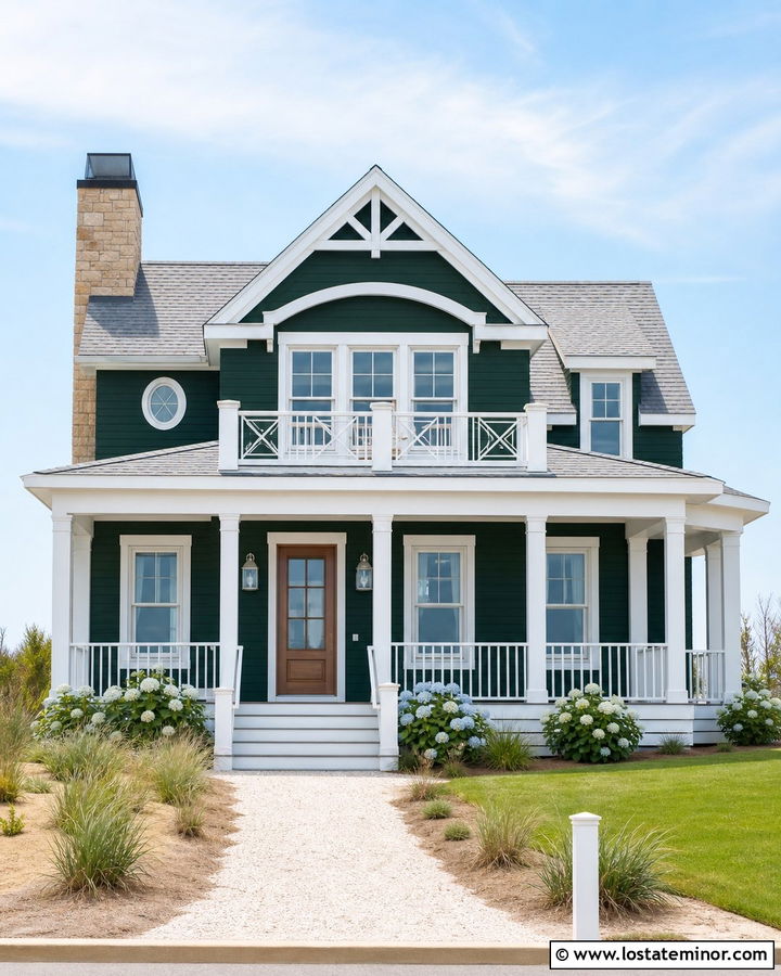 Hunter Green Coastal House With White Porch Columns - 30 Hunter Green House Design With Porch Columns Ideas
