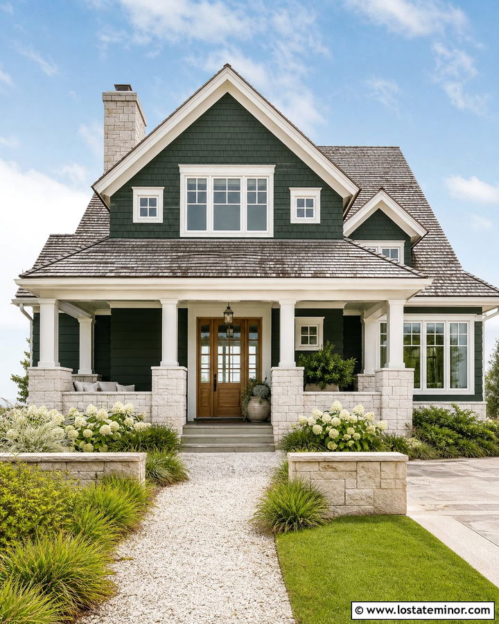 Hunter Green Coastal House With White Stone Wainscoting - 30 Hunter Green House Design With Wainscoting Ideas