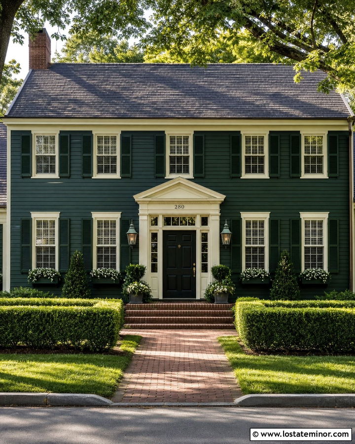 Hunter Green Colonial House With Copper Lanterns - 30 Hunter Green House Design With Lighting Ideas