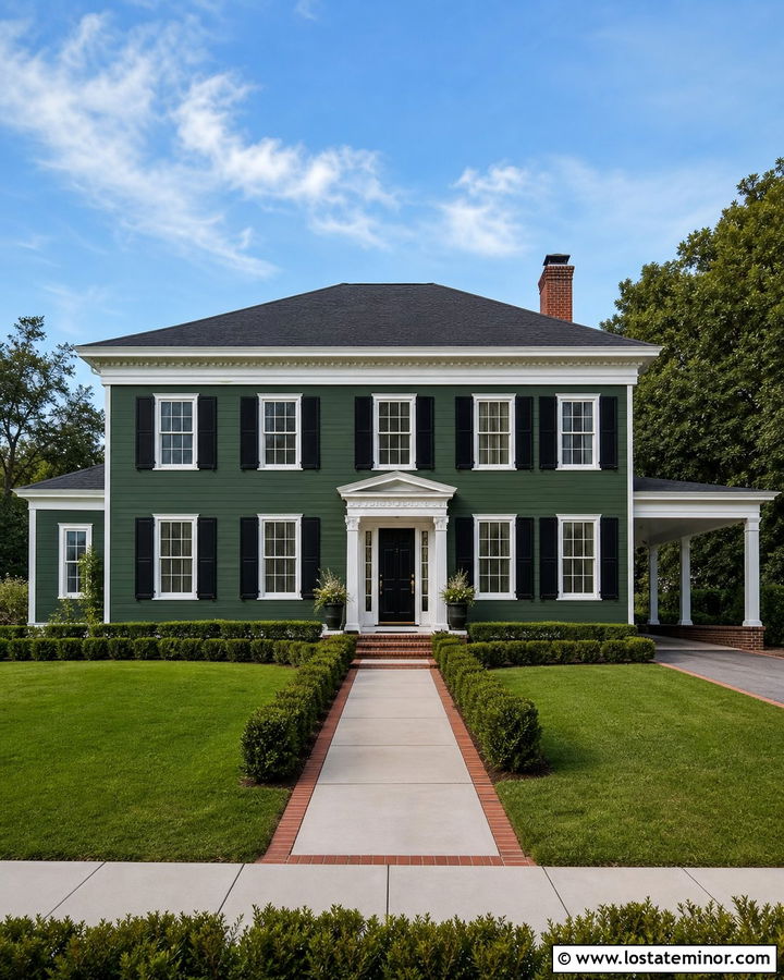 Hunter Green Colonial House With Side Carport - 30 Hunter Green House Design With Carport Ideas