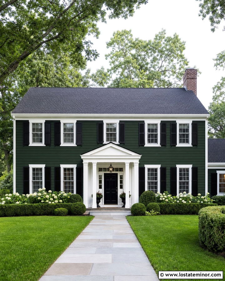 Hunter Green Colonial House With White Portico - 30 Hunter Green House Design With Portico Ideas