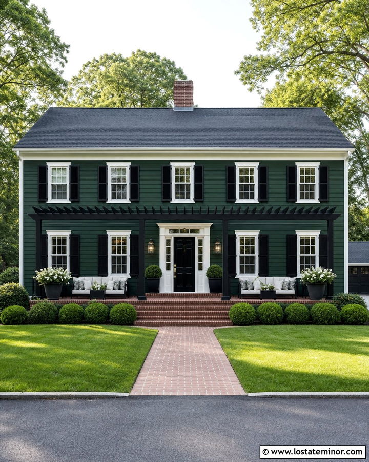 Hunter Green Colonial With Black Pergola - 30 Hunter Green House Design With Pergola Ideas