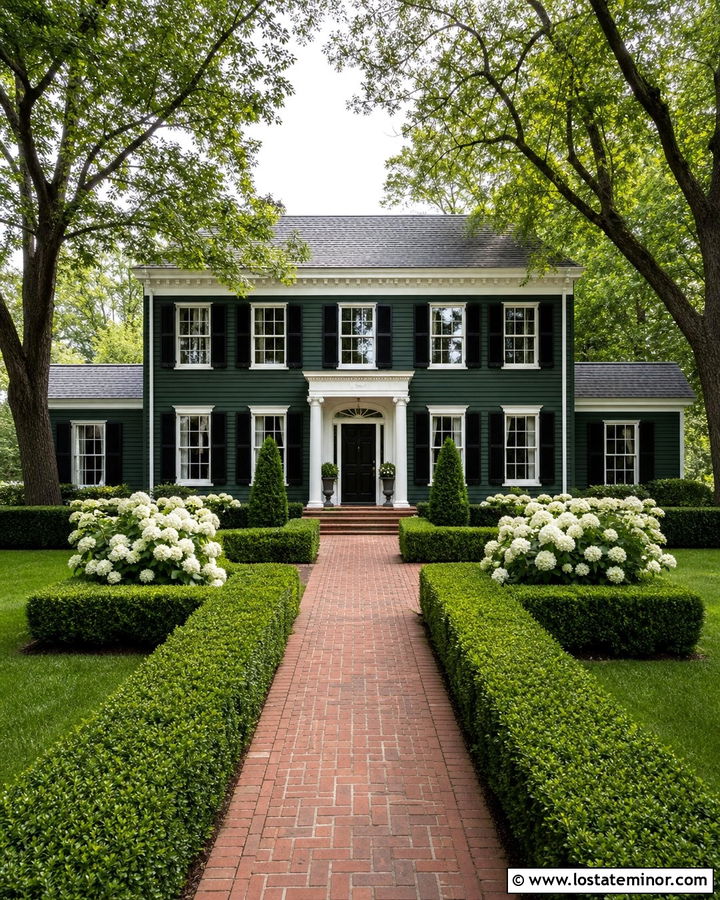 Hunter Green Colonial With Boxwood Landscaping - 30 Hunter Green House Design With Landscaping Ideas