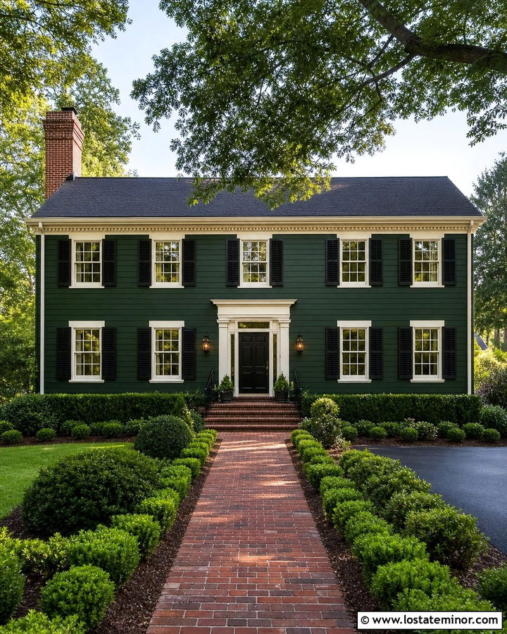 Hunter Green Colonial With Brick Chimney - 30 Hunter Green House Design With Brick Accents Ideas