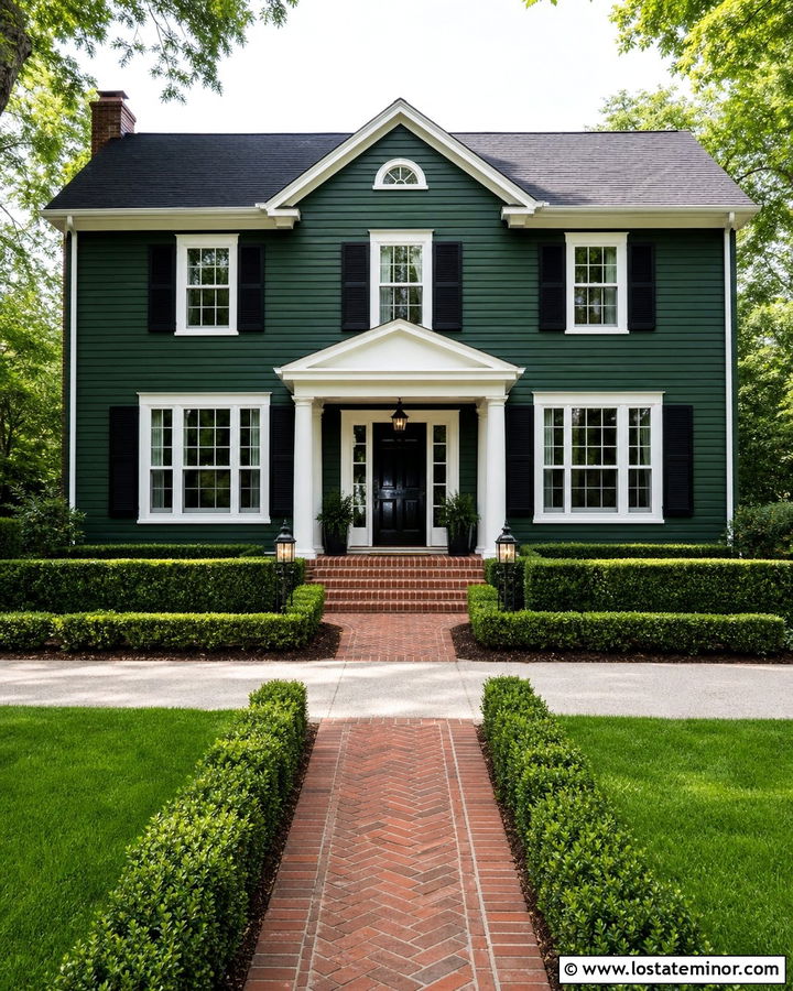 Hunter Green Colonial With Brick Porch - 30 Hunter Green House Design With Front Porch Ideas