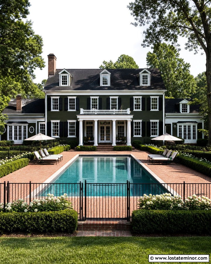Hunter Green Colonial With Brick Swimming Pool - 30 Hunter Green House Design With Swimming Pool Ideas