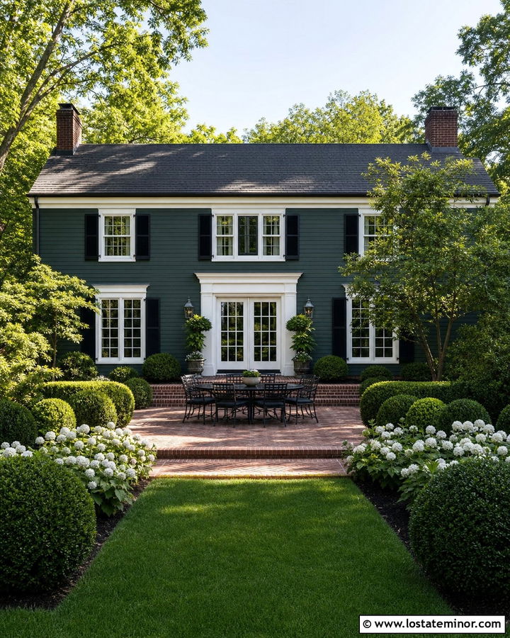 Hunter Green Colonial With Brick Terrace - 30 Hunter Green House Design With Backyard Ideas
