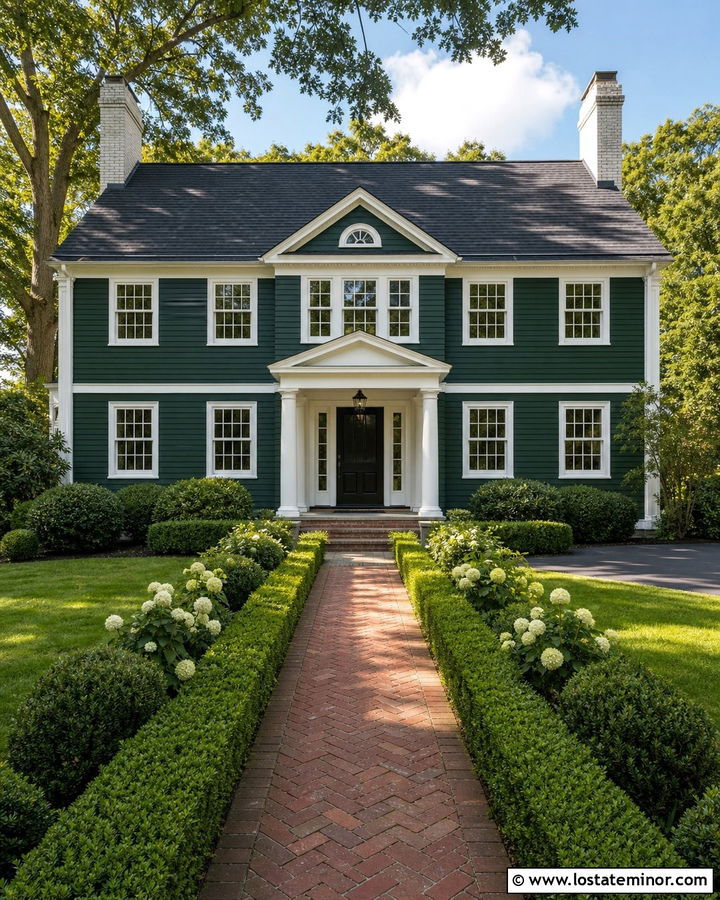 Hunter Green Colonial With Brick Walkway - 30 Hunter Green House Design With Walkway Ideas