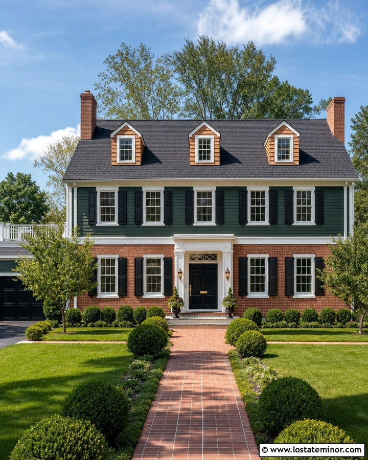 Hunter Green Colonial With Cedar Shake And Red Brick - 30 Hunter Green House Design With Cedar Shake Ideas