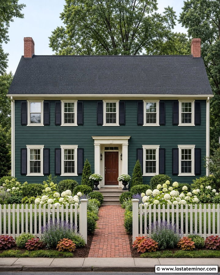 Hunter Green Colonial With Cottage Garden - 30 Hunter Green House Design With Front Yard Ideas
