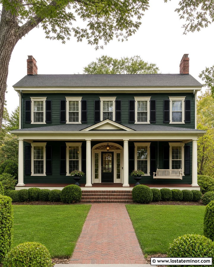 Hunter Green Colonial With Cream Swing - 30 Hunter Green House Design With Swing Ideas