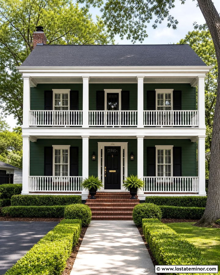 Hunter Green Colonial With Double Porch Railings - 30 Hunter Green House Design With Railings Ideas