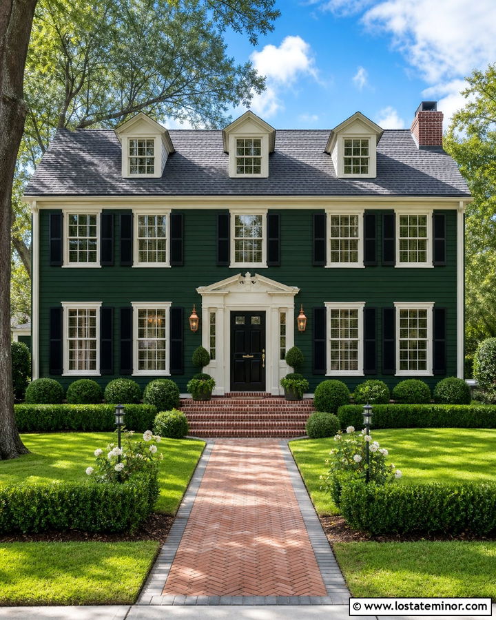 Hunter Green Colonial With Polished Copper Lanterns - 30 Hunter Green House Design With Light Fixtures Ideas