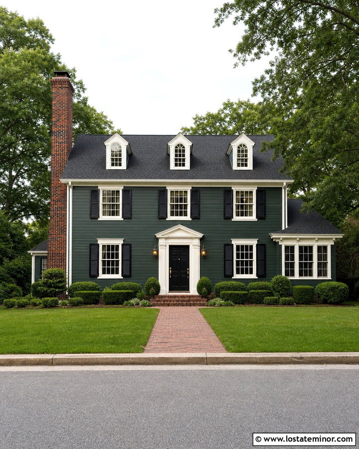 Hunter Green Colonial With Red Brick Chimney - 30 Hunter Green House Design With Chimney Ideas