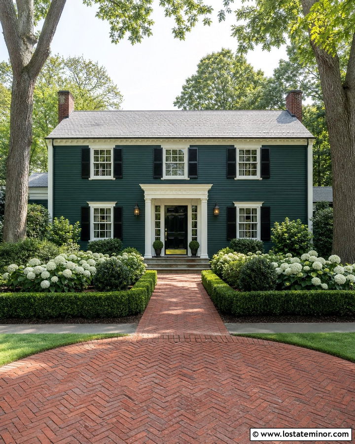 Hunter Green Colonial With Red Brick Driveway - 30 Hunter Green House Design With Driveway Ideas