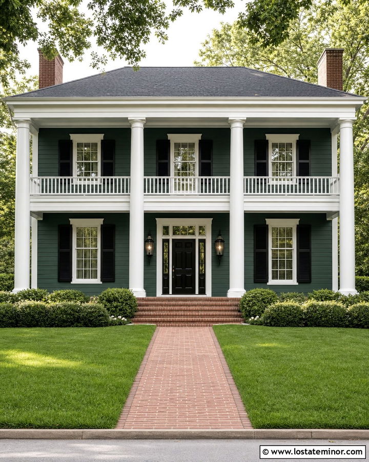 Hunter Green Colonial With Round White Columns - 30 Hunter Green House Design With Porch Columns Ideas