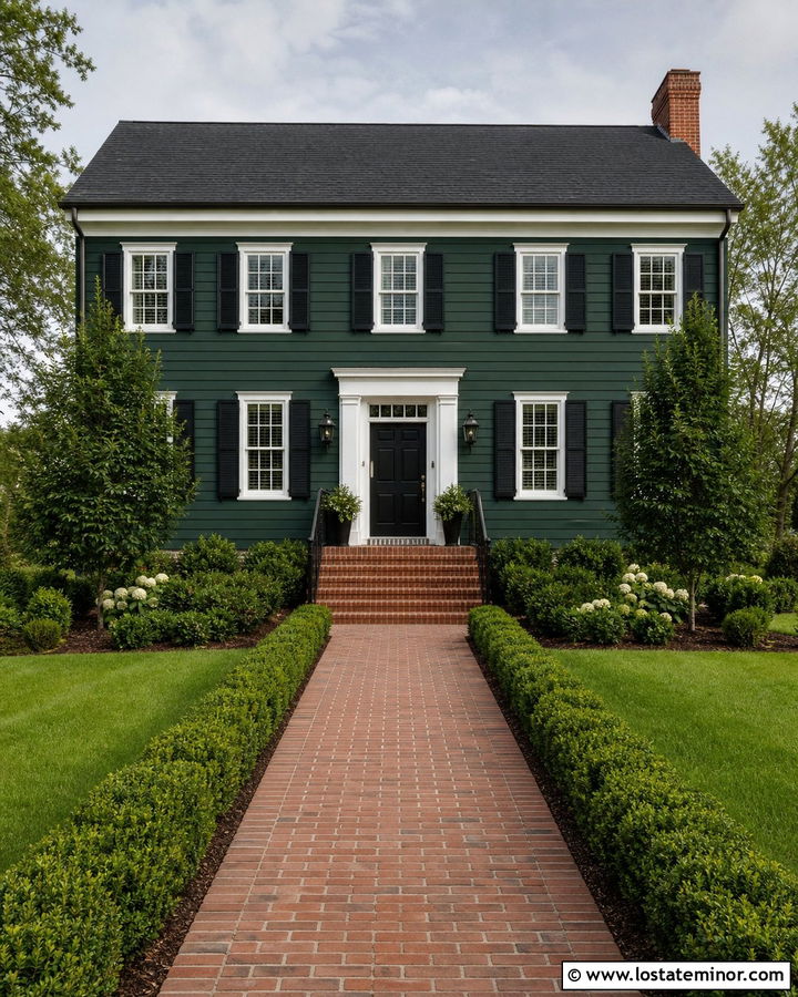 Hunter Green Colonial With Symmetrical Brick Steps - 30 Hunter Green House Design With Steps Ideas