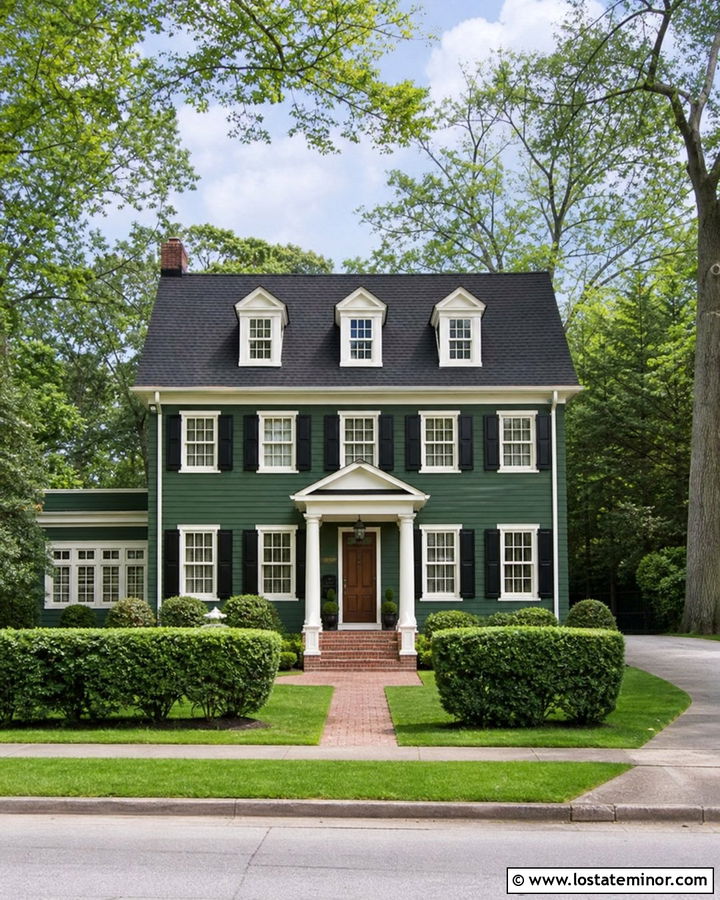 Hunter Green Colonial With Symmetrical Dormers - 30 Hunter Green House Design With Dormers Ideas