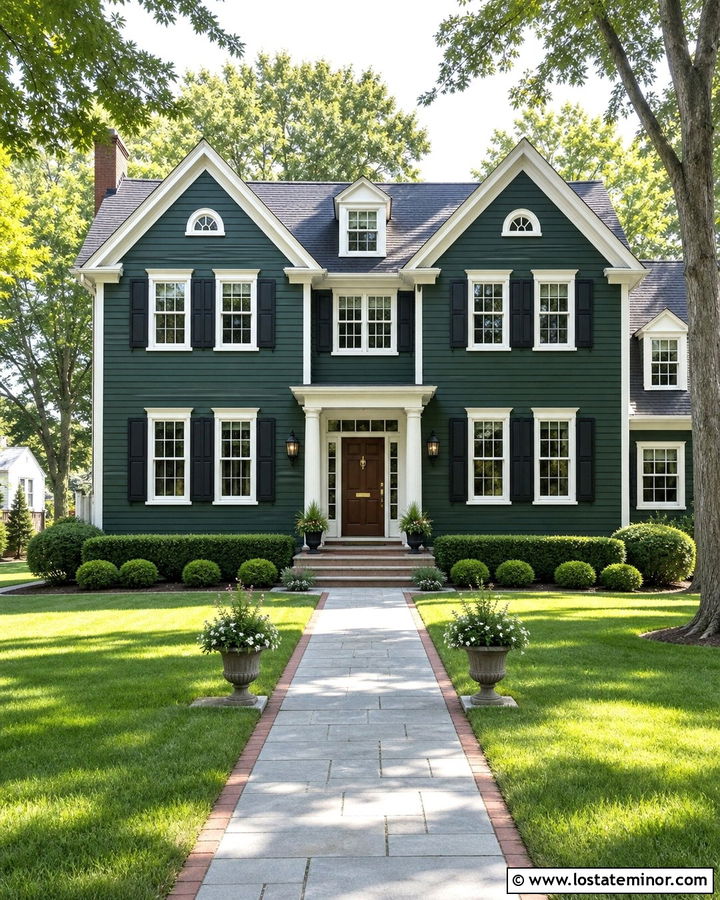 Hunter Green Colonial With Symmetrical Gables - 30 Hunter Green House Design With Gables Ideas