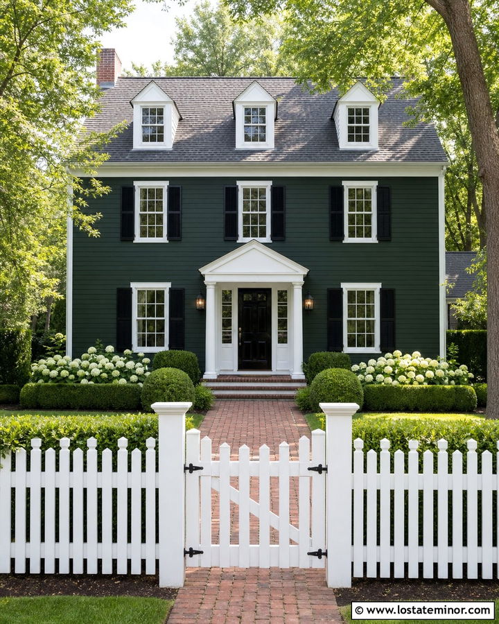 Hunter Green Colonial With White Picket Fence - 30 Hunter Green House Design With Fence Ideas