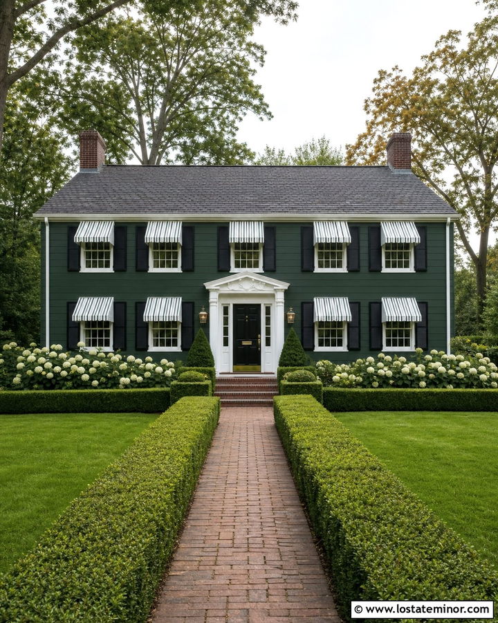Hunter Green Colonial With White Striped Awning - 30 Hunter Green House Design With Awning Ideas