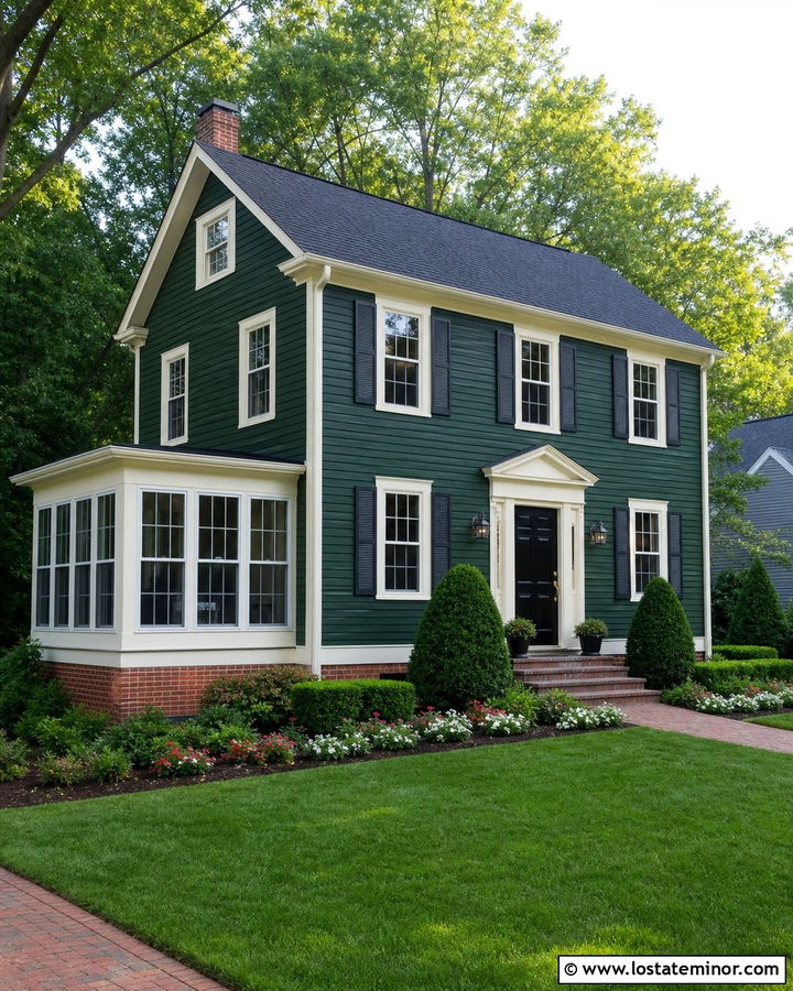 Hunter Green Colonial With White Sunroom - 30 Hunter Green House Design With Sunroom Ideas