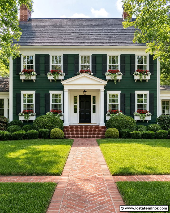 Hunter Green Colonial With White Window Boxes - 30 Hunter Green House Design With Window Boxes Ideas