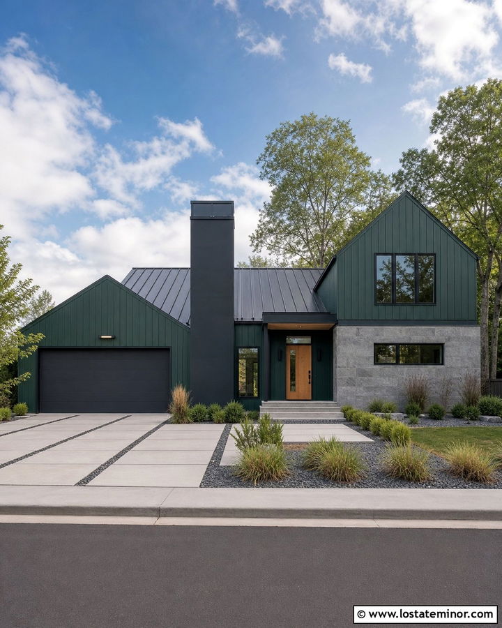 Hunter Green Contemporary House With Black Chimney - 30 Hunter Green House Design With Chimney Ideas