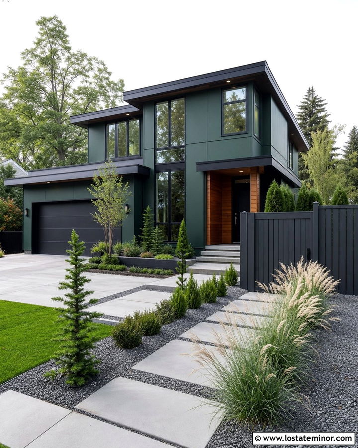 Hunter Green Contemporary House With Charcoal Privacy Fence - 30 Hunter Green House Design With Fence Ideas