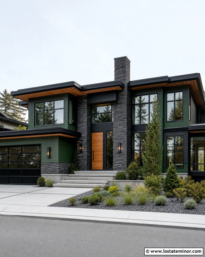 Hunter Green Contemporary House With Charcoal Stone - 30 Hunter Green House Design With Stone Accents Ideas