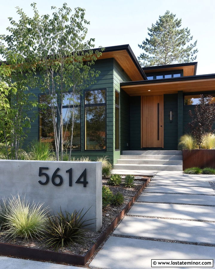 Hunter Green Contemporary House With Concrete Number Wall - 30 Hunter Green House Design With House Numbers Ideas