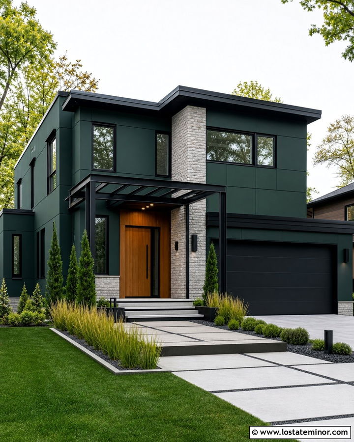 Hunter Green Contemporary House With Steel Pergola - 30 Hunter Green House Design With Pergola Ideas