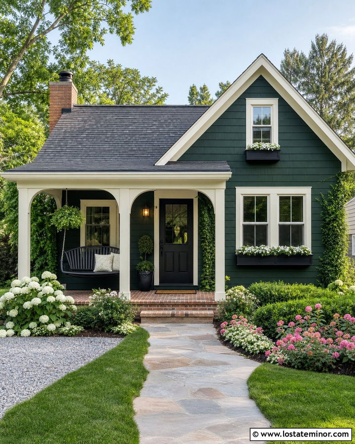Hunter Green Cottage With Black Porch Swing - 30 Hunter Green House Design With Swing Ideas