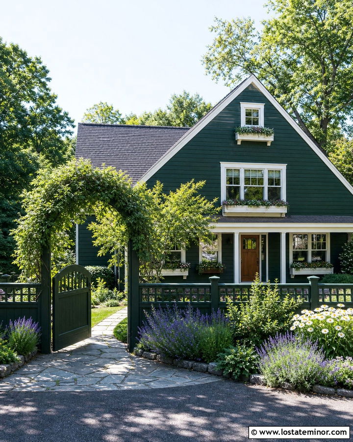 Hunter Green Cottage With Cedar Lattice Fence - 30 Hunter Green House Design With Fence Ideas